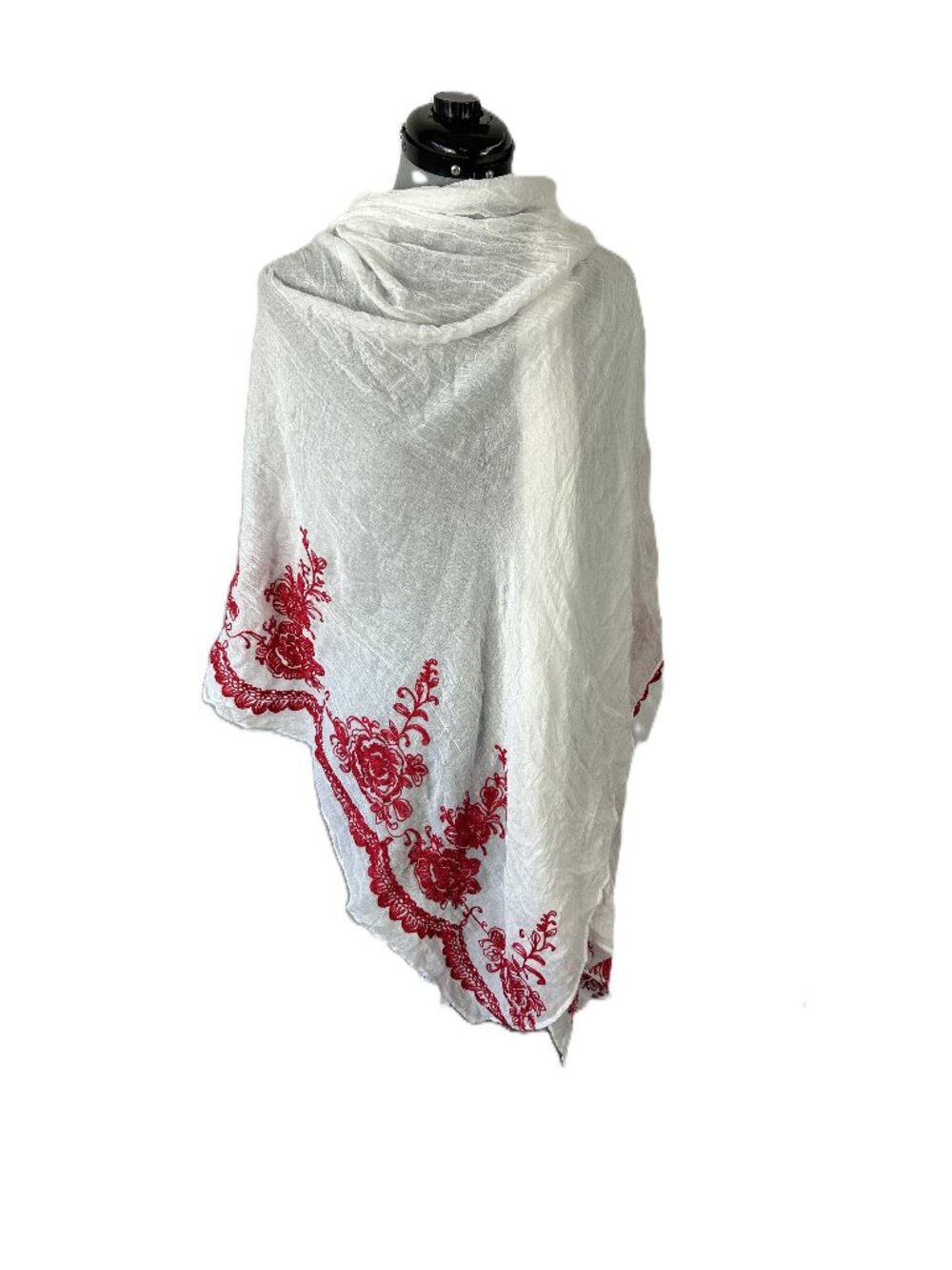 Embroidered Gauzy Scarf Wrap Red White Floral